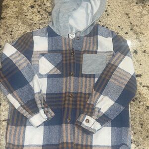 SHEIN Kids Blue and Brown Checkered Hoodie Shirt